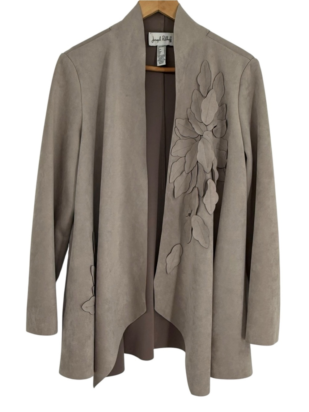 Joseph Ribkoff Faux Suede Draped Jacket Gray Open Front Size 10 Leaf Detail